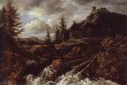 Jacob van Ruisdael Waterfall in a Mountainous Landscape with a Ruined castle Germany oil painting artist